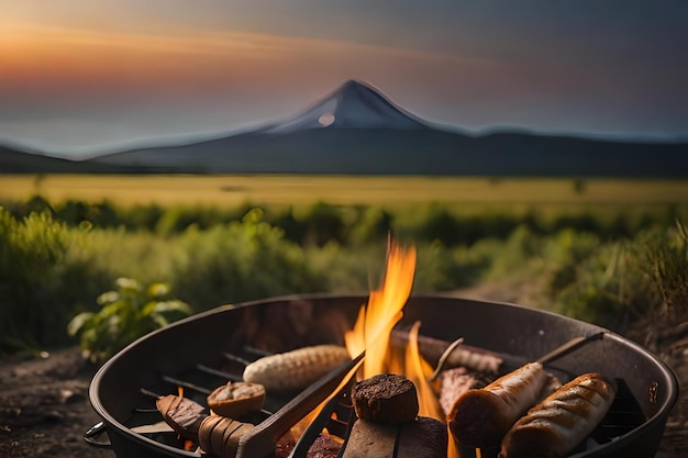 Une casserole de barbecue avec une montagne en arrière-plan.