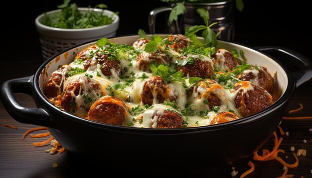 Photo une casserole de boulettes de viande avec du fromage et des boulettes