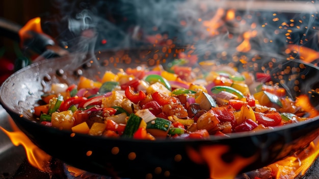 Une casserole brûlante de légumes frits colorés avec des flammes léchant les bords