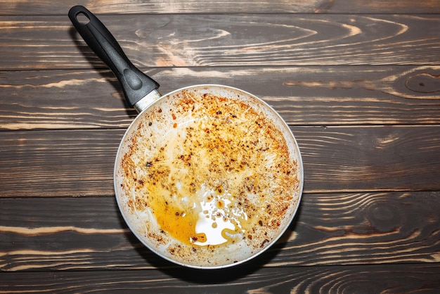 Casserole brûlée dans l'huile Ustensiles de cuisine endommagés Fond de bois Nourriture malsaine