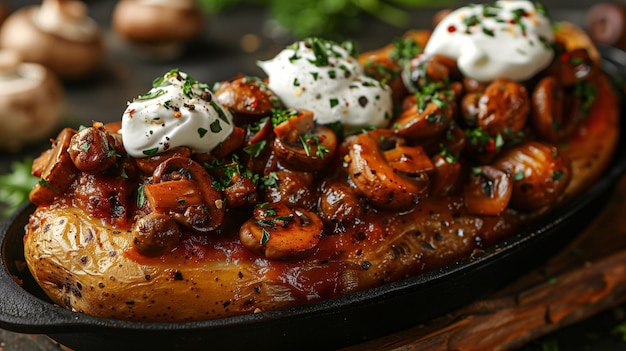 Une casserole chaude et brûlante avec des champignons et des oignons assaisonnés surmontés de crème sure et de fraîche