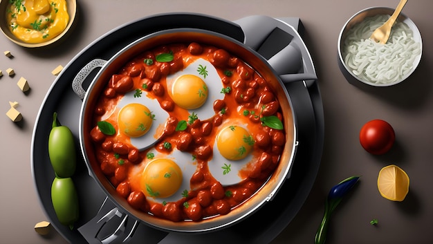 Une casserole de chili avec trois œufs dessus