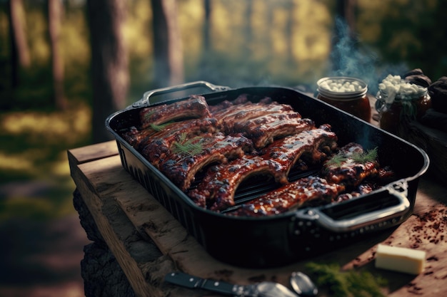 Une casserole de côtes levées au barbecue sur un gril avec un verre de bière en arrière-plan.