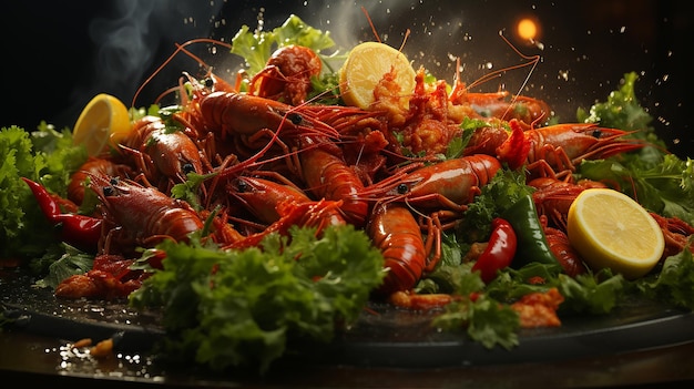 une casserole de crevettes avec des légumes et des citrons