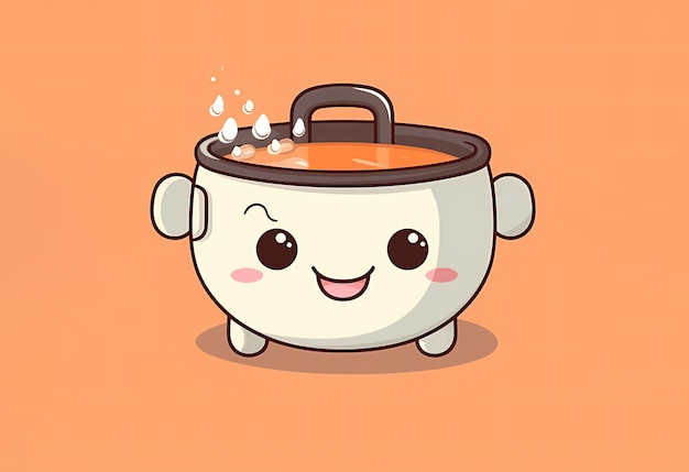 Une casserole de dessin animé joyeuse avec de l'eau bouillante Illustration de casserole heureuse sur fond rose Cuisson de nourriture