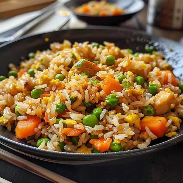 une casserole avec du riz et des pois