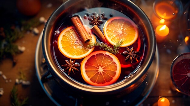 Une casserole avec du vin chaud sur la tableAIGénérative AI