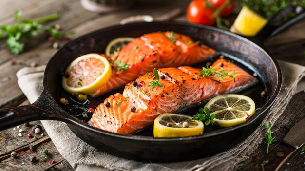 Casserole en fonte avec une tranche de poisson rouge et des légumes sur serviette