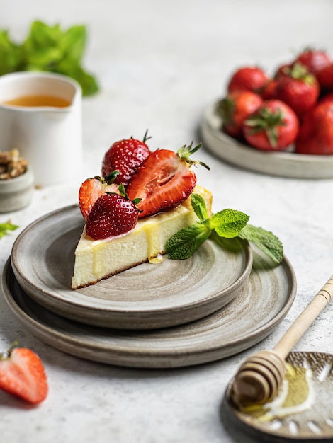 Casserole de fromage blanc garnie de fraises fraîches et de feuilles de menthe pour le petit-déjeuner