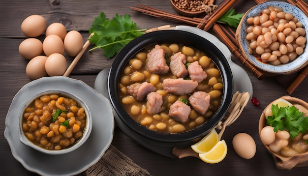 une casserole de haricots des haricots et du riz sont sur une table