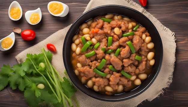 une casserole de haricots avec des haricots et des haricats et un côté de haricot