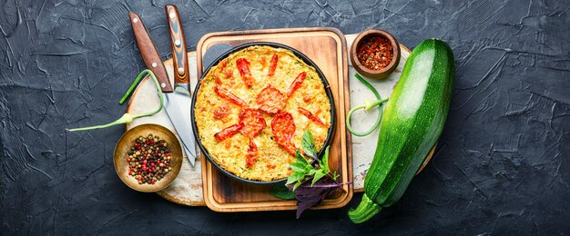 Casserole de légumes appétissante avec courgettes et tomates.Cuisine d'été