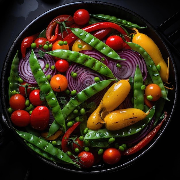 Casserole de légumes colorés sur fond sombre