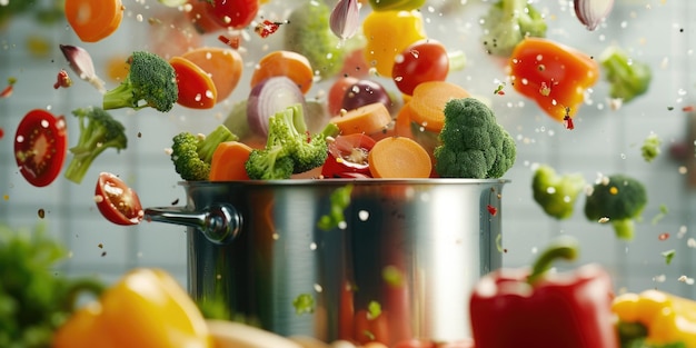 Photo une casserole de légumes est remuée.