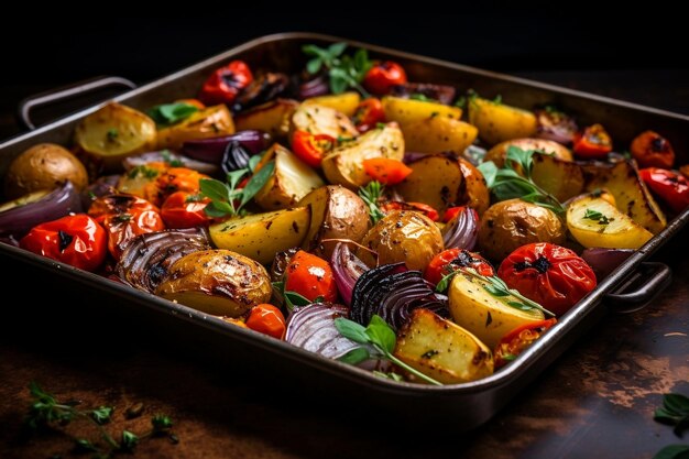 Une casserole de légumes rôtis sur une table en bois AI