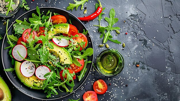 une casserole de légumes avec une tomate et un avocado