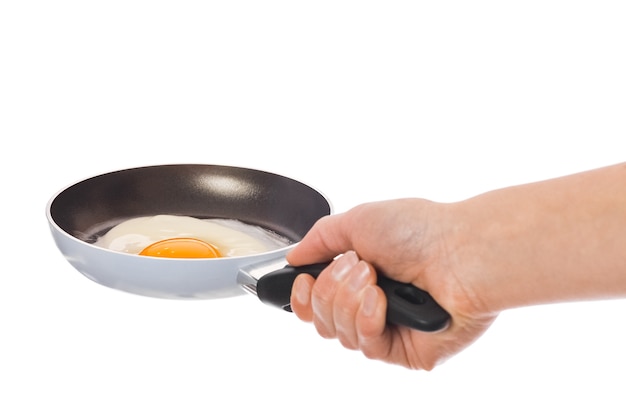 Une casserole en mains sur un mur blanc