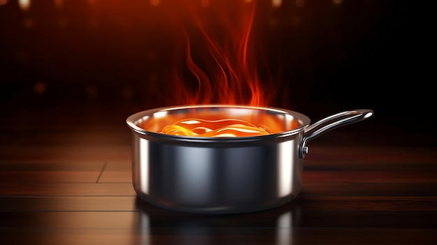 Une casserole en métal avec du liquide chaud sur la table sur un fond sombre