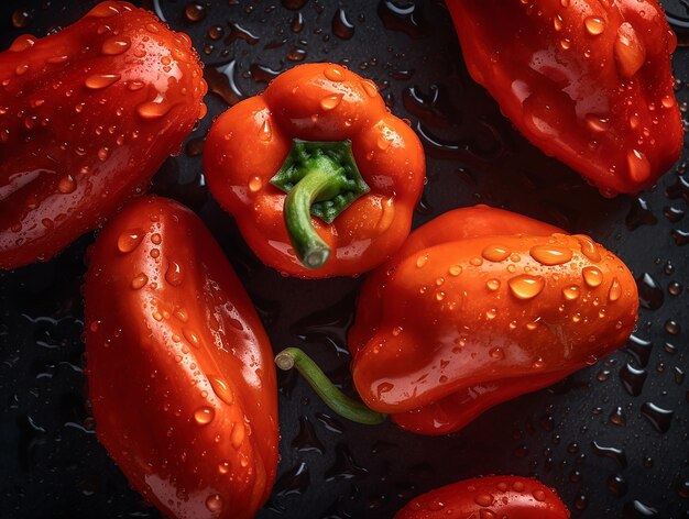 Une casserole noire avec des poivrons rouges avec des gouttelettes d'eau dessus