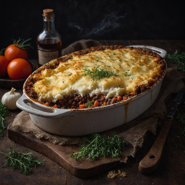 une casserole de nourriture avec une bouteille d'alcool à côté