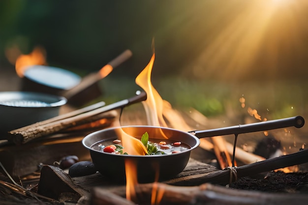 Une casserole de nourriture cuit sur un feu de camp avec un feu en arrière-plan.