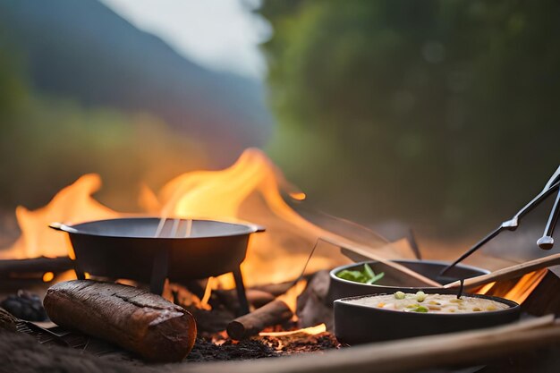 Une casserole de nourriture cuit sur un feu de camp.