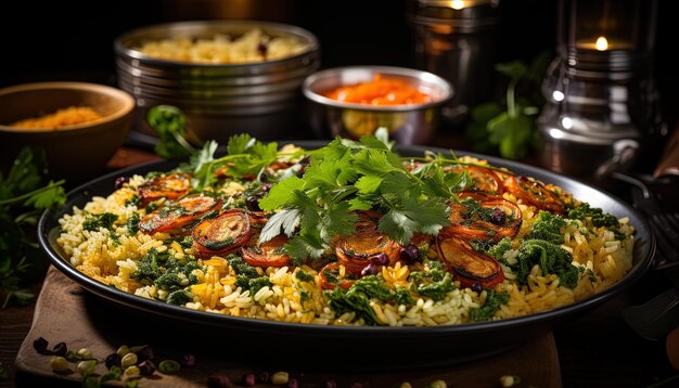 une casserole de nourriture avec du riz et des légumes