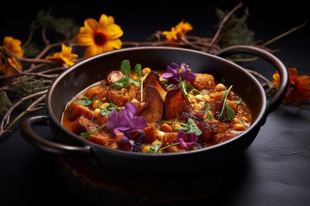 une casserole de nourriture avec des fleurs et un pot de nourriture avec les fleurs dedans