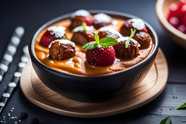 une casserole de nourriture avec des fraises et une tasse de café