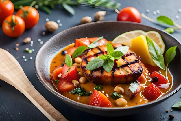 une casserole de nourriture avec des légumes et des fruits sur une table.