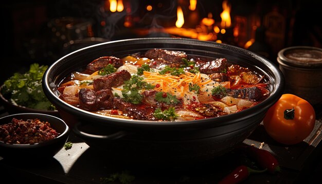 une casserole de nourriture qui est sur une table à côté d'un feu