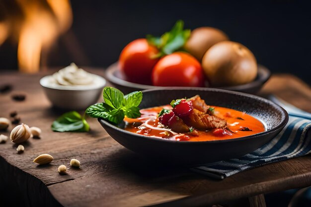 une casserole de nourriture avec de la viande et des légumes sur une table en bois