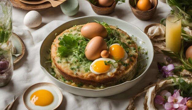 une casserole d'œufs et une tarte avec une assiette d'oeufs dessus