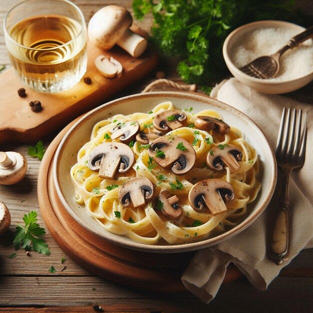 Photo une casserole de pâtes avec des champignons et des champignon dessus