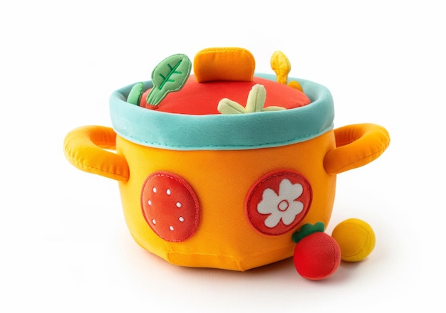 Une casserole en peluche sur fond blanc