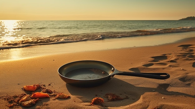 Photo une casserole sur la plage avec un pot de nourriture sur le sable