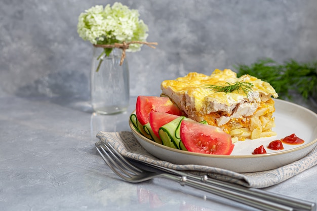 Casserole de pommes de terre aux carottes de poitrine de poulet et oignons garnie de fromage