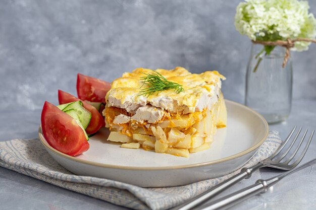 Casserole de pommes de terre aux carottes de poitrine de poulet et oignons garnie de fromage