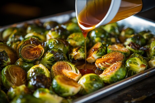 Photo une casserole remplie de choux de bruxelles et une sauce versée sur eux