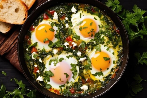 Photo une casserole remplie d'œufs et d'épinards à côté du pain idéal pour les blogs gastronomiques et les sites de recettes