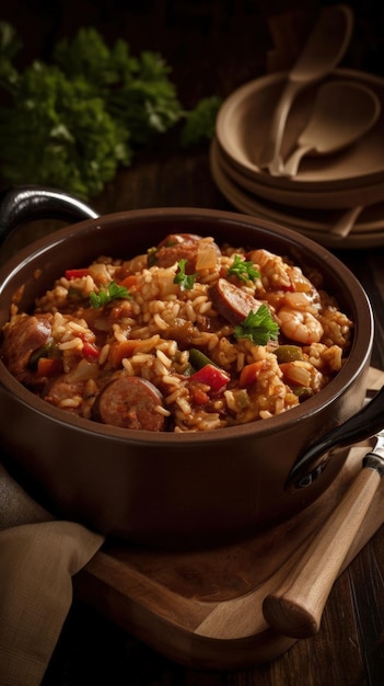 Une casserole remplie de riz et de saucisses sur une planche à découper en bois AI générative