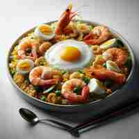 Photo une casserole de riz de crevettes et un œuf