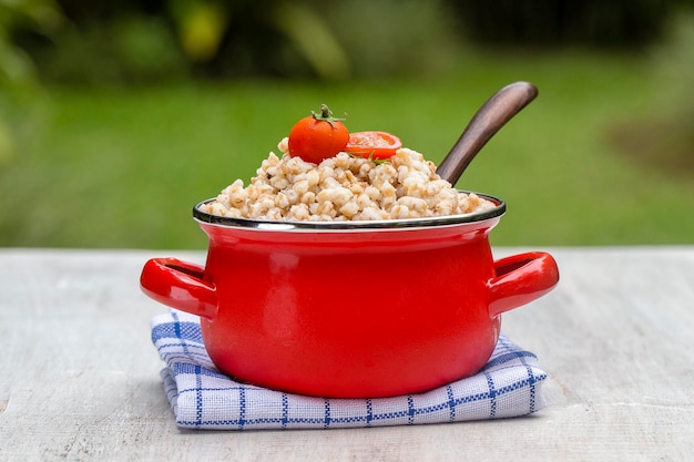 Casserole rouge avec repas traditionnel de bouillie de blé bouilli en Ukraine Biélorussie et Russie Gros plan