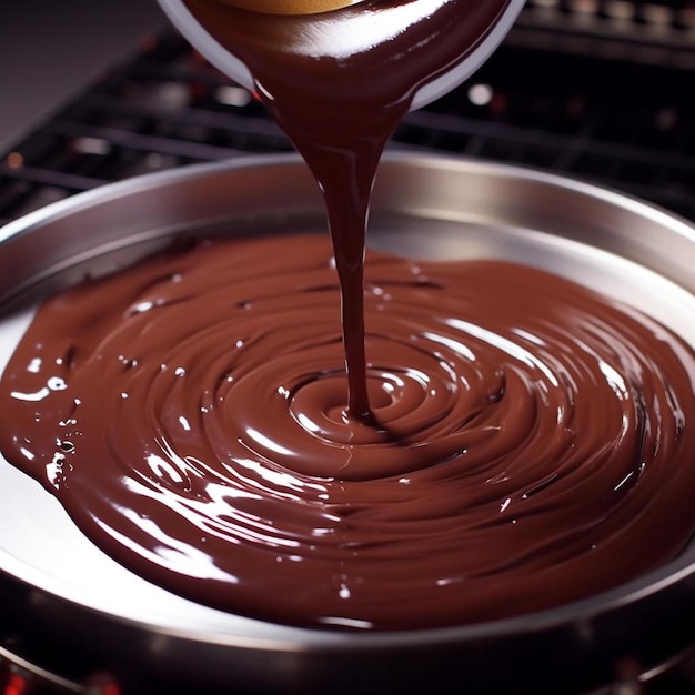 une casserole de sauce au chocolat est versée dans une casserole.