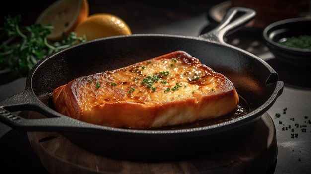 Une casserole de saumon est sur une table avec un citron et un citron sur le côté.