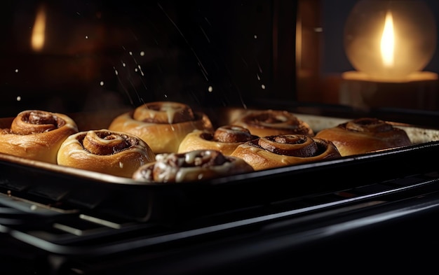 Photo casserole avec de savoureux rouleaux de cannelle cuits à l'intérieur du four photo de nourriture professionnelle ai générée