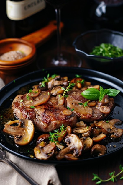 une casserole de steak avec des champignons et des champignins dessus