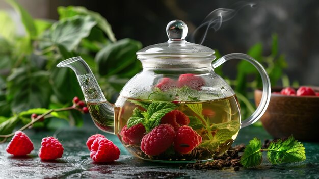 Photo casserole en verre pour cérémonie du thé avec garniture de framboise