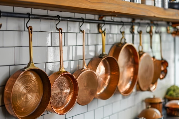 Des casseroles en cuivre accrochées à un étagère de cuisine moderne
