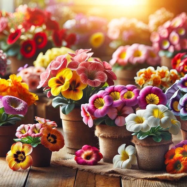 Des casseroles de printemps colorées dans des pots en terre cuite